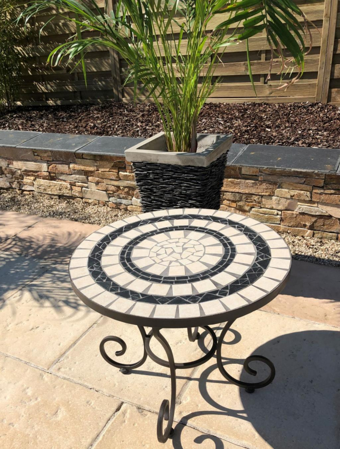 Table jardin mosaique ronde 60cm Céramique blanche 2 lignes